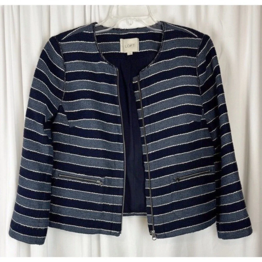 LOFT Navy Blue Striped Full Zip Textured‎ Cotton Blend Jacket 6 Nautical 53-11